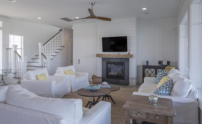 Segreto Secrets - Galveston Beach House - Living Room White Slipcovers with White Wood Walls