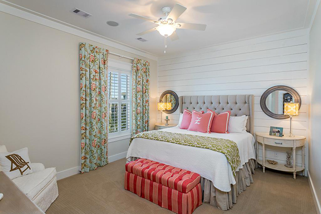 Segreto Secrets - Galveston Beach House - Bedroom with Pop Colors and White Wood Accent Wall
