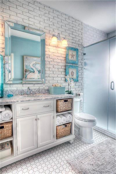 Segreto Secrets - Galveston Beach House - Beachy Bathroom with Pelicans and Starfish