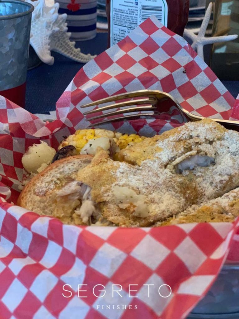 fried fish, corn, & potatoes