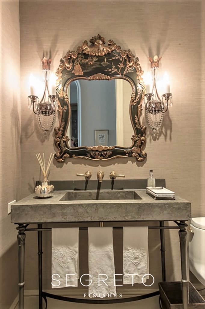 concrete sink with iron base in bathroom