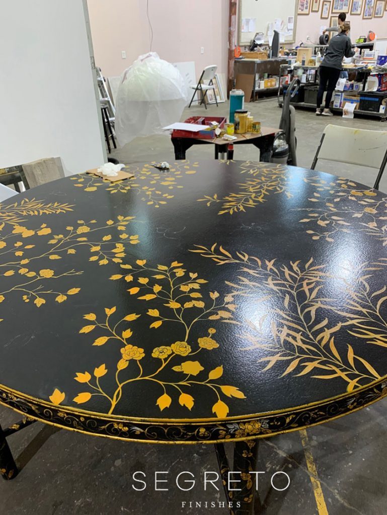 custom painted black table with gold leaves