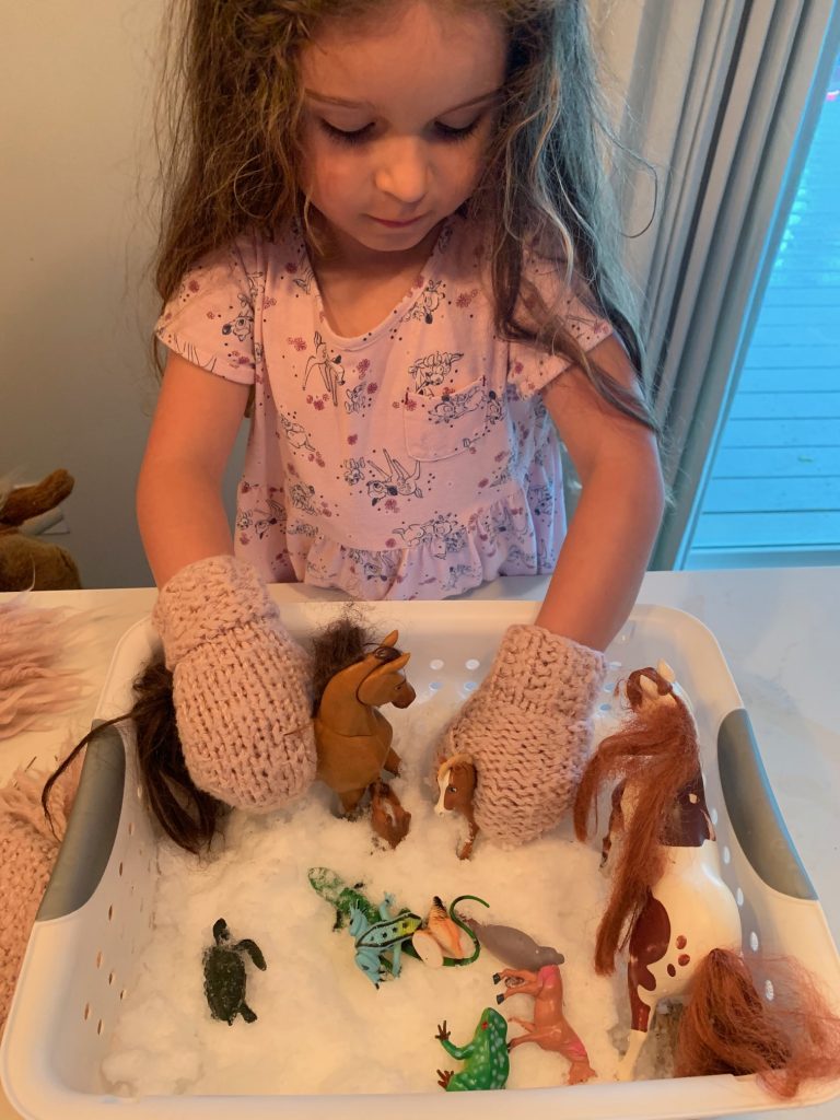 girl playing with toy horses