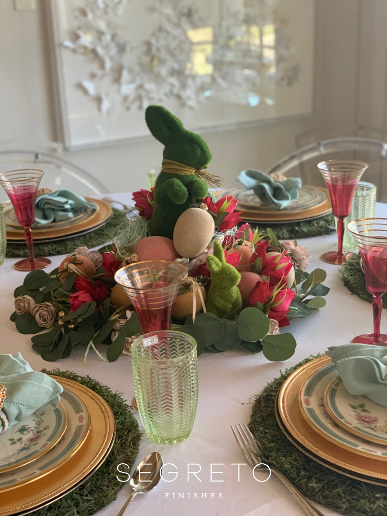 Easter Table Setting with gold chargers