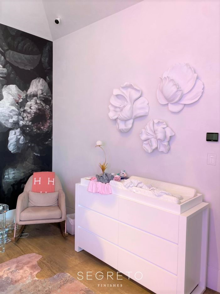 Large Scale Plaster Flowers Installed in a baby girl's nursery