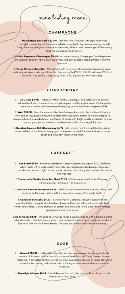 Wine tasting menu